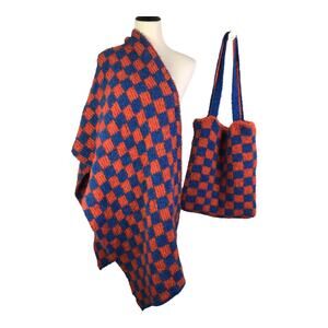 Free People Scarf Matching‎ Tote Bag Womens OS Warm Red Blue Checkered Shawl